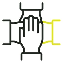 Hands in a huddle with one highlighted green