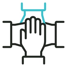 Hands in a huddle with one highlighted blue